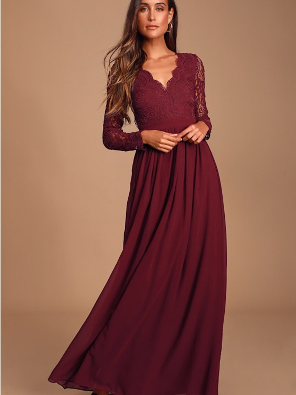 Lulu's Long Lace-Sleeve Chiffon Gown in Burgundy